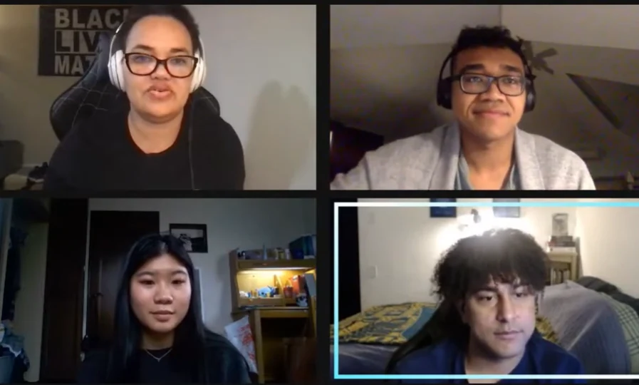 Multiracial community members in a live video conversation
